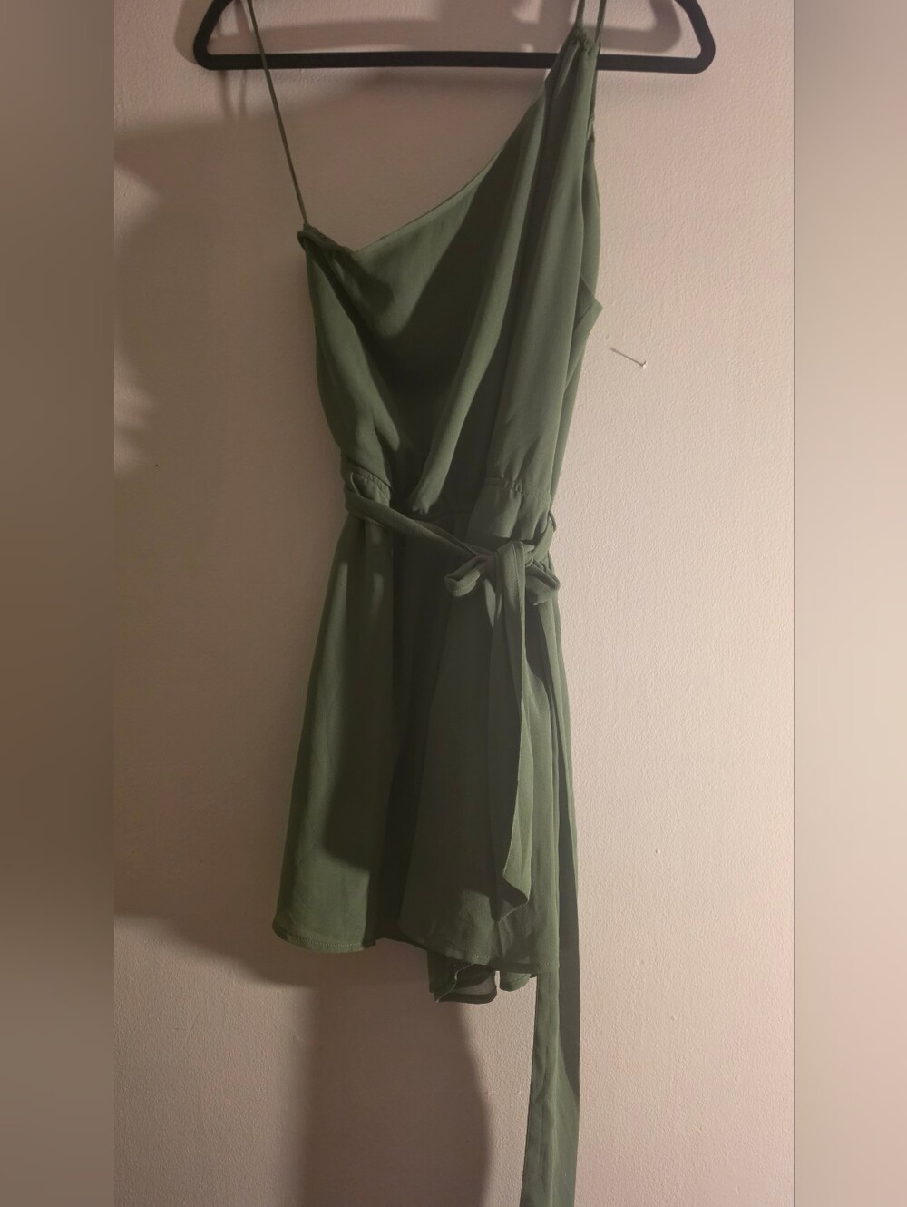Dynamite Olive Green One-Shoulder Tie-Waist Romper